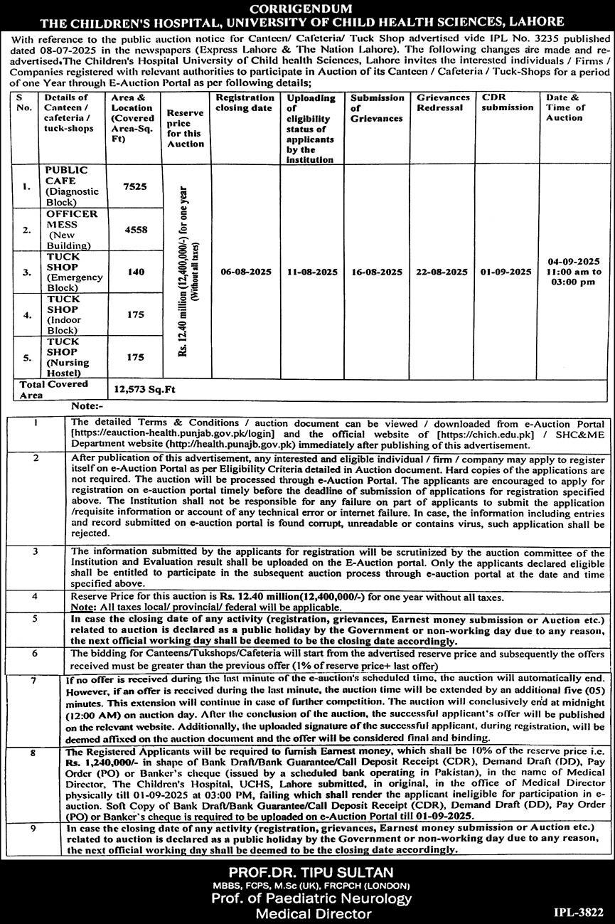 The Children Hospital & University of Child Health Lahore Tender Notice
